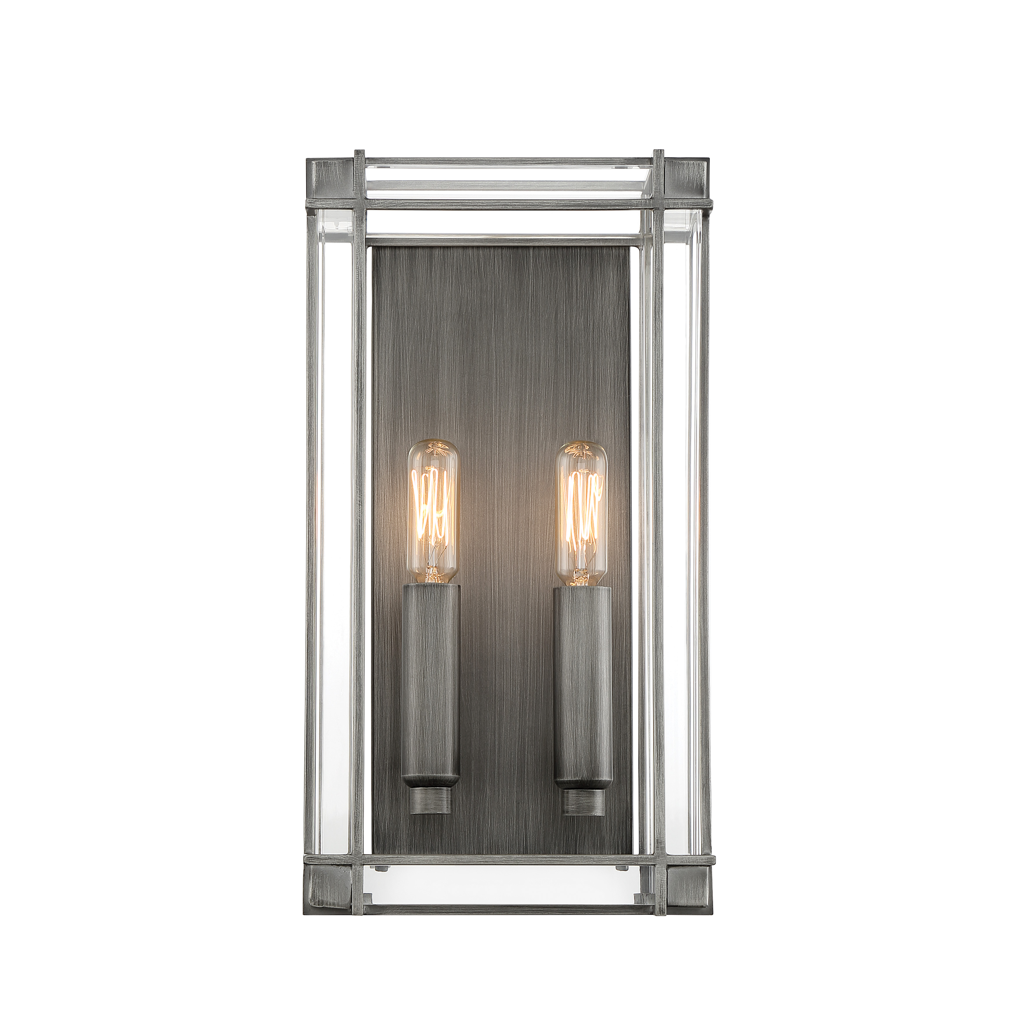 The Langen Square 2-Light Bath Light combines transitional elegance with practical functionality. Its antique nickel finish and clear acrylic shades deliver soft, even illumination perfect for vanity areas. - alternate view