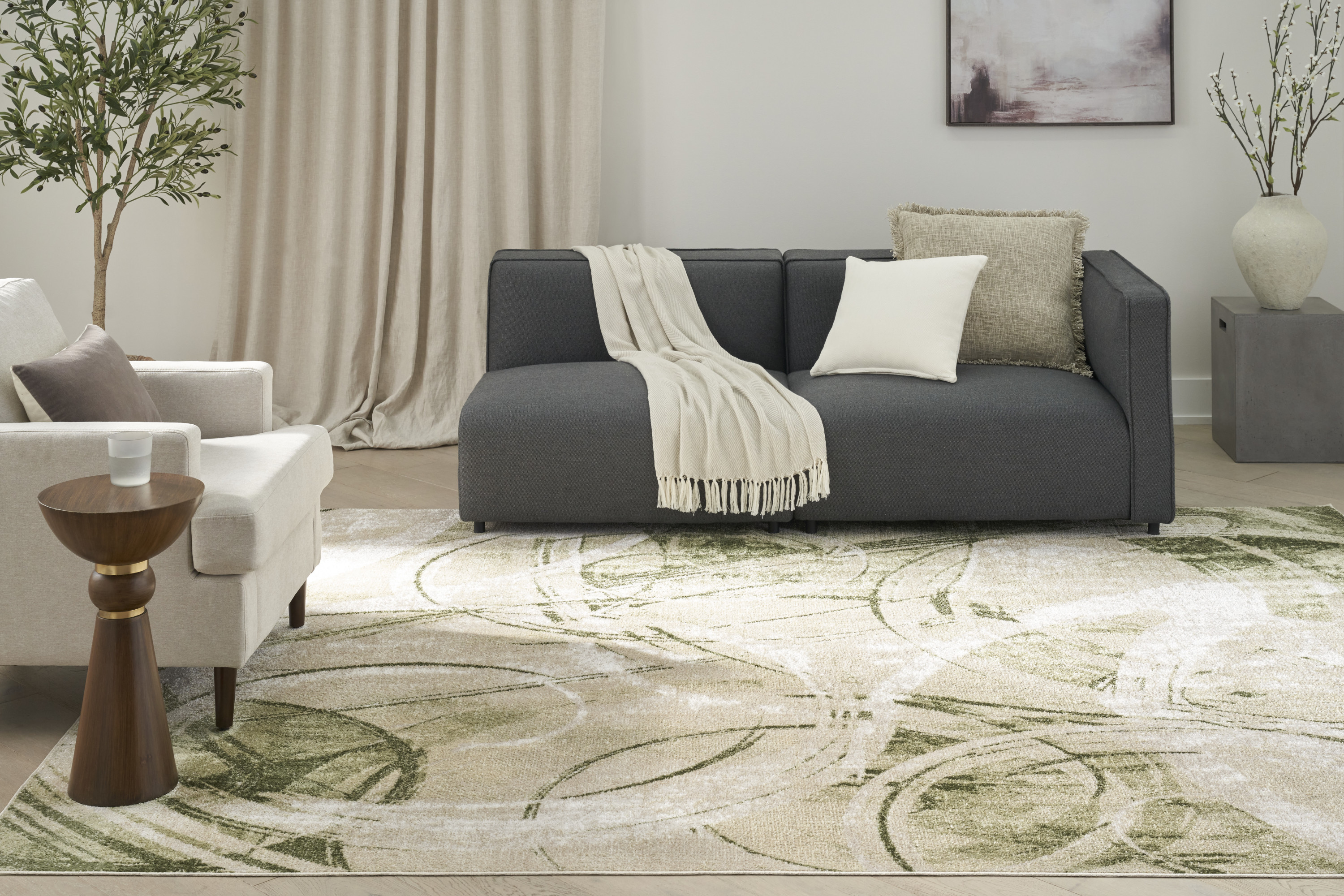 Nourison Astra Machine Washable 6'7" x 9' Beige Green Modern Indoor Rug