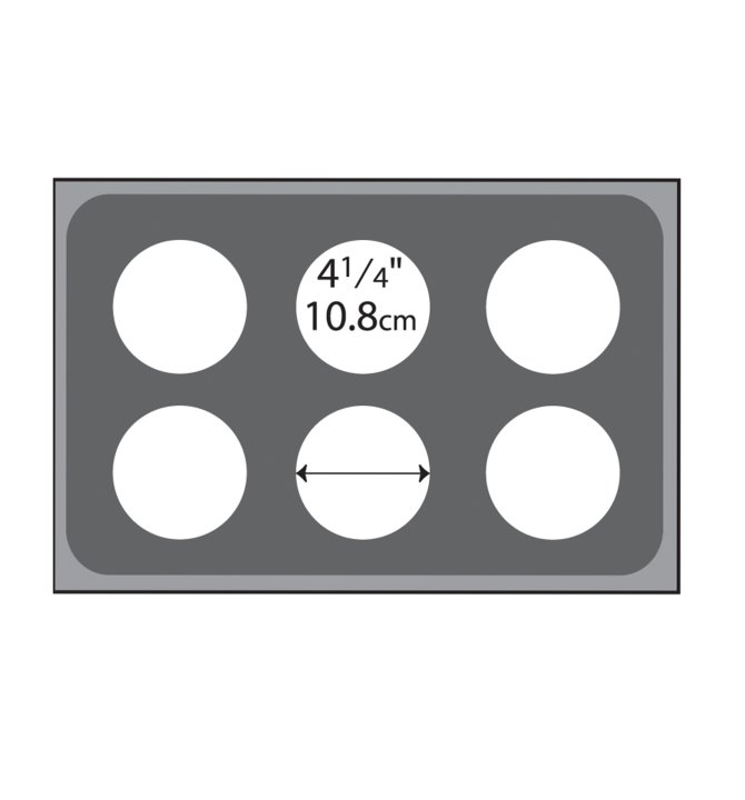 Stainless steel adaptor plate with six 4 ¼-inch round cutouts for standard steam table well