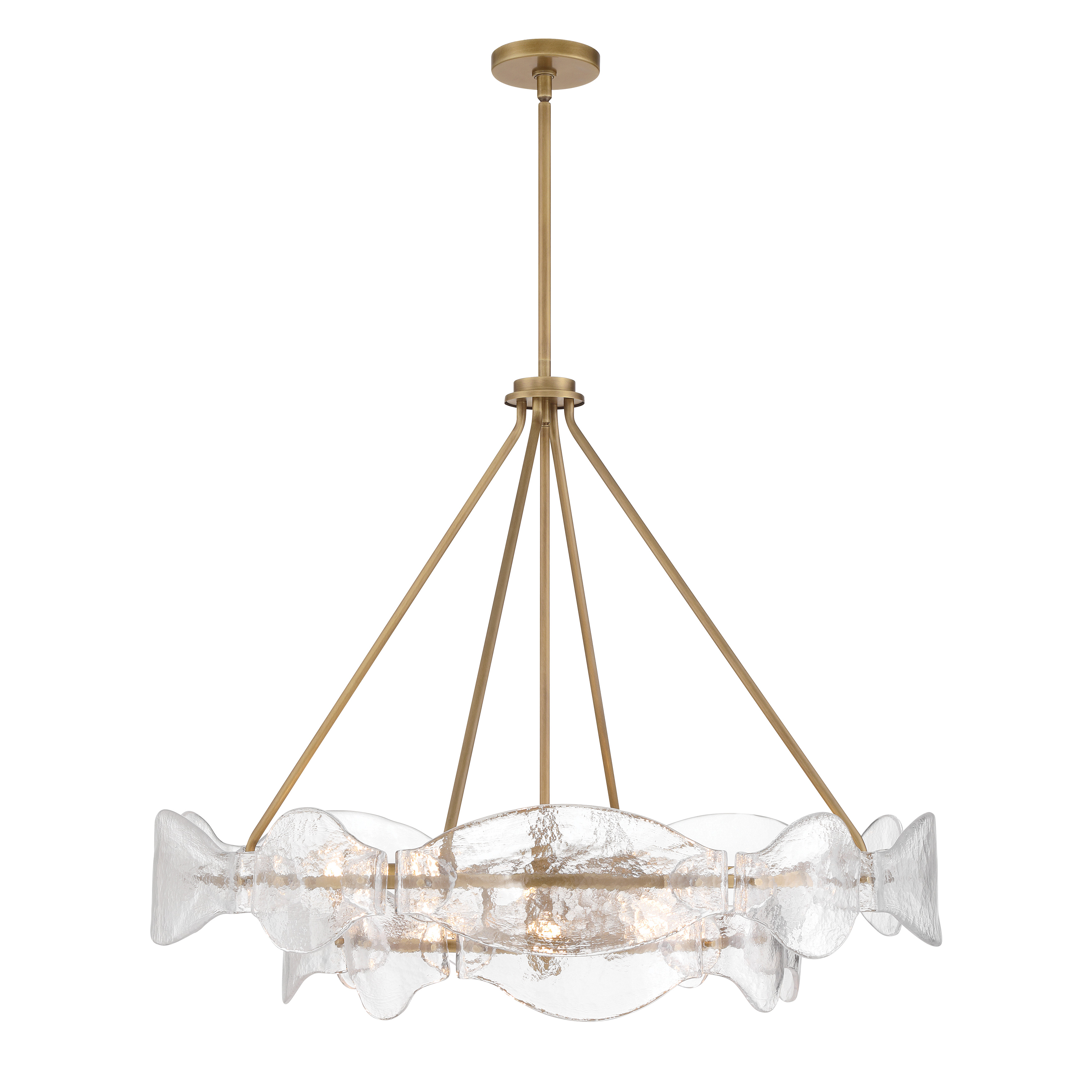 The Elora pendant combines contemporary elegance with artisanal craftsmanship. Its generous 35.75-inch span and 12 handmade textured glass shades create dramatic visual impact, while the Legacy Brass finish adds warmth and sophistication. - alternate view