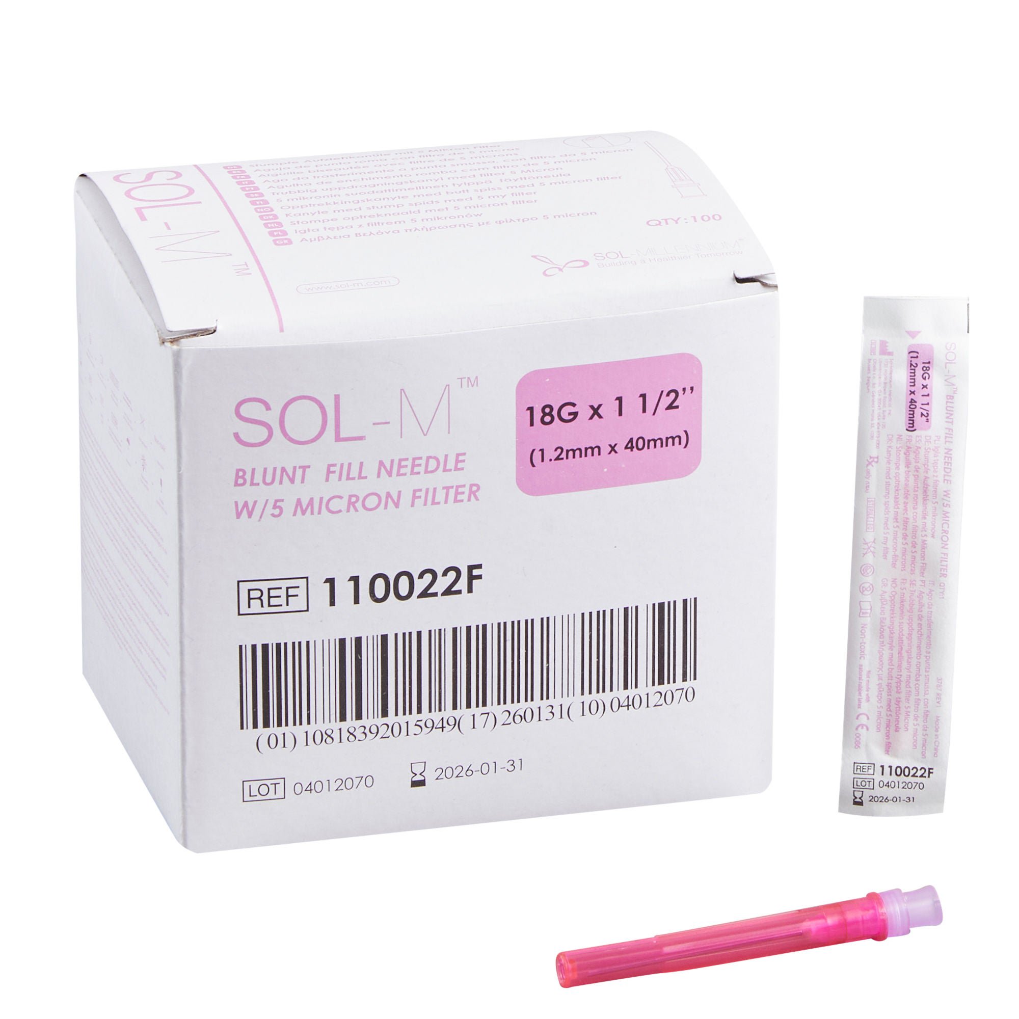 Sol-Millennium Medical NEEDLE, BLUNT FILL W/5MIC FILTER 18GX1 1/2" (100/BX)