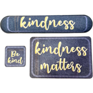 The Original Fun Mat&reg; Computer Desk Mats, Set of 3, (1) Mouse Pad, (1) Keyboard Wrist Pad, (1) Coaster, Kindness Themed, Denim