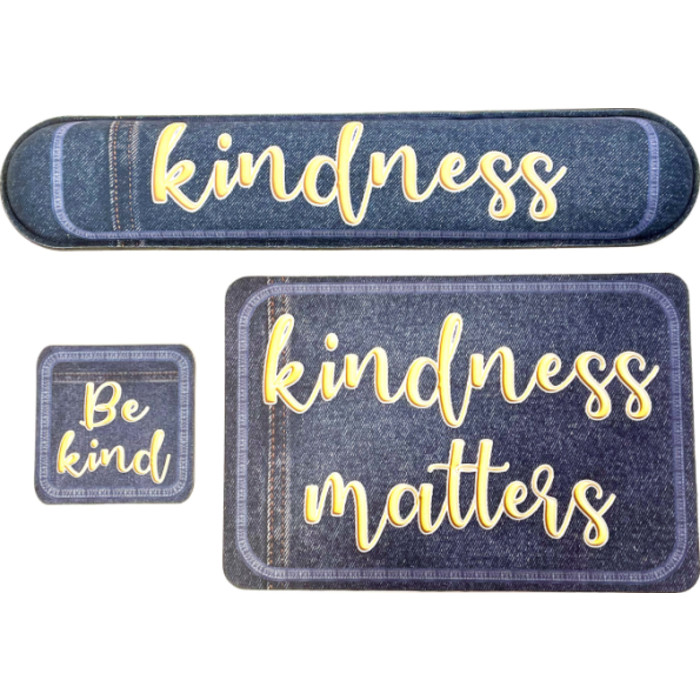 The Original Fun Mat&reg; Computer Desk Mats, Set of 3, (1) Mouse Pad, (1) Keyboard Wrist Pad, (1) Coaster, Kindness Themed, Denim