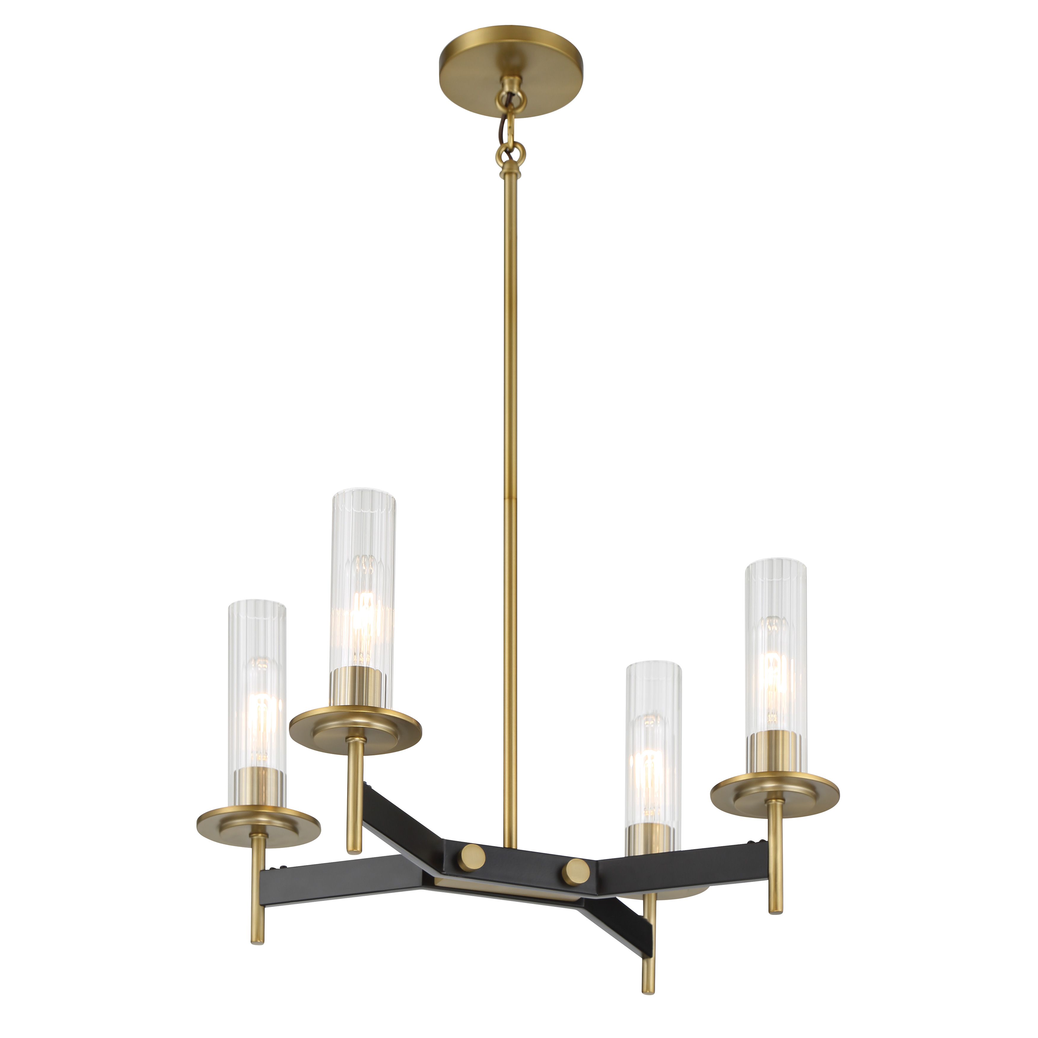 The Baldwin Park 4-Light Chandelier combines traditional elegance with industrial accents through its coal black finish and soft brass details. Clear ribbed glass shades add vintage texture while the compact 18-inch width makes it perfect for smaller dining spaces, breakfast nooks, or cozy entryways. - alternate view