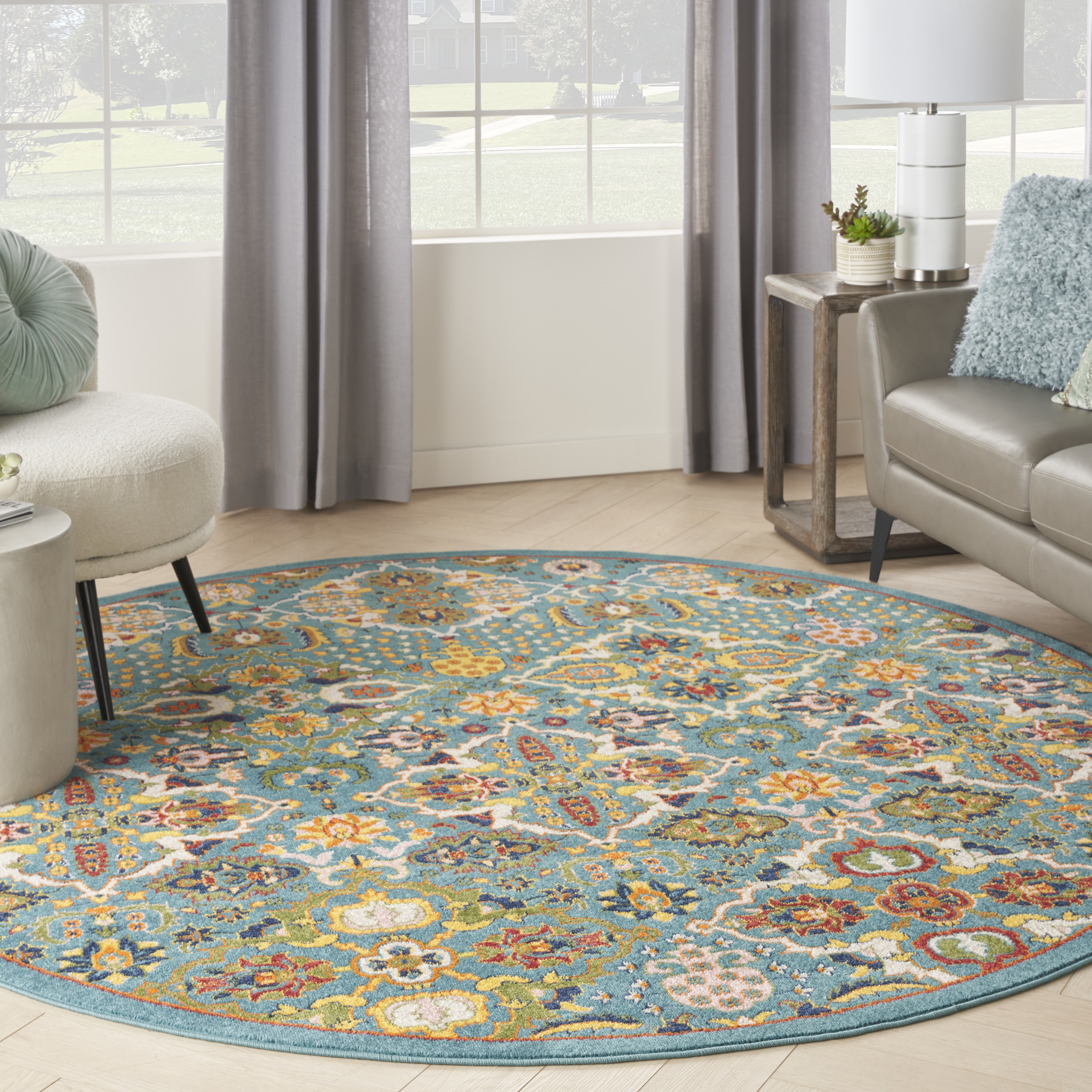 Nourison Allur 7’10” x Round Turquoise Ivory Bohemian Indoor Rug