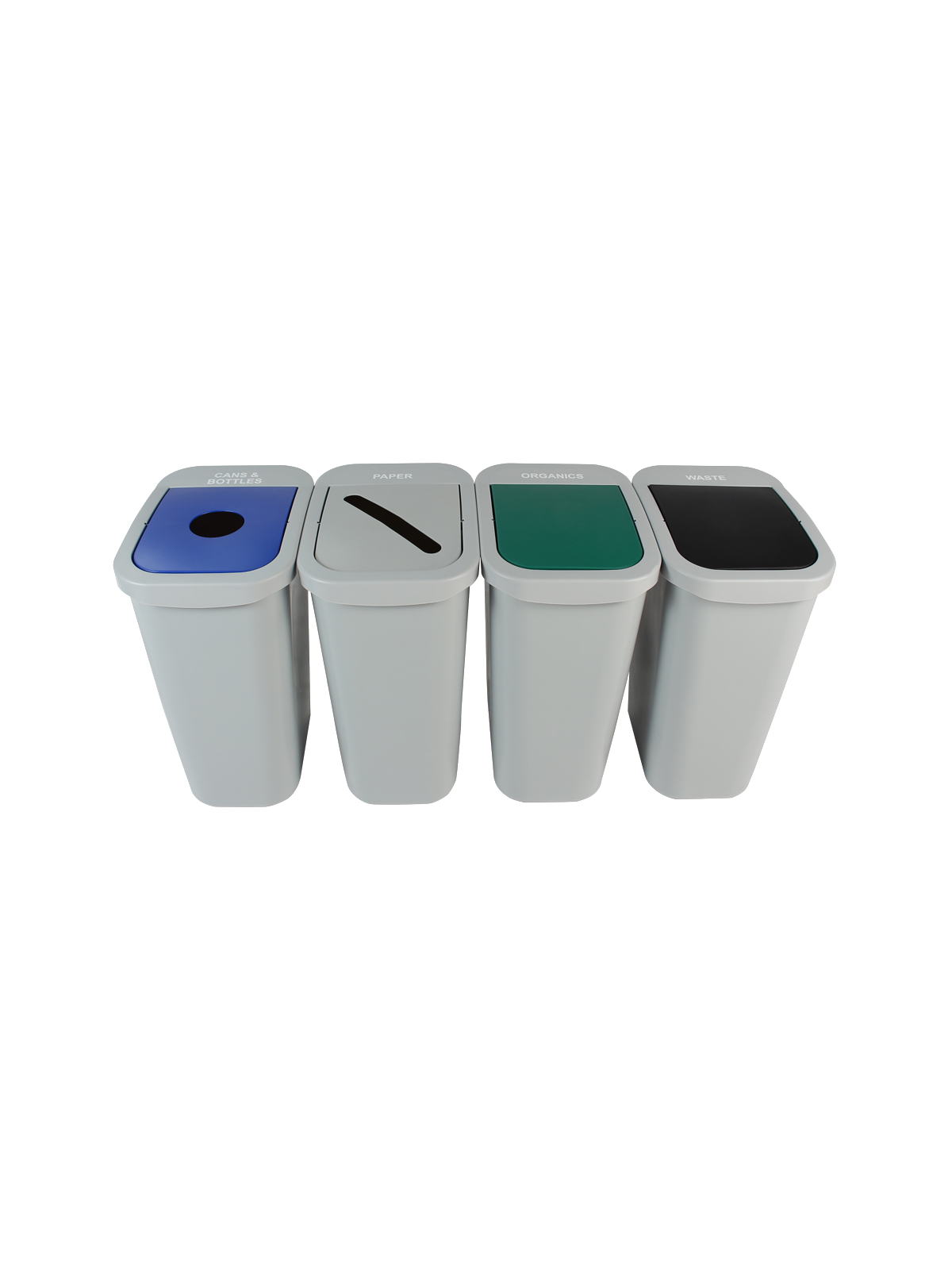 BILLI BOX – Quad – Kit – 10 G – Cans & Bottles-Paper-Organics-Waste – Circle-Slot-Swing-Swing – Grey-Blue-Grey-Green-Black