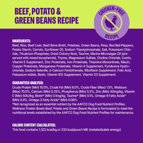 <p>Beef, Rice, Beef Liver, Beef Bone Broth, Potatoes, Green Beans, Peas, Red Bell Peppers, Potato Starch, Carrots, Sunflower Oil, Sodium Tripolyphosphate, Salt, Potassium Chloride, Tricalcium Phosphate, Dried Chicory Root, Taurine, Marine Microalgae Oil (preserved with mixed tocopherols), Thyme, Magnesium Sulfate, Choline Chloride, Cumin, Vitamin E Supplement, Zinc Proteinate, Iron Proteinate, Thiamine Mononitrate, Niacin, Copper Proteinate, Manganese Proteinate, Vitamin A Supplement, Pyridoxine Hydrochloride, Sodium Selenite, d-Calcium Pantothenate, Riboflavin Supplement, Folic Acid, Potassium Iodide, Biotin, Vitamin B12 Supplement, Vitamin D3 Supplement.</p>
