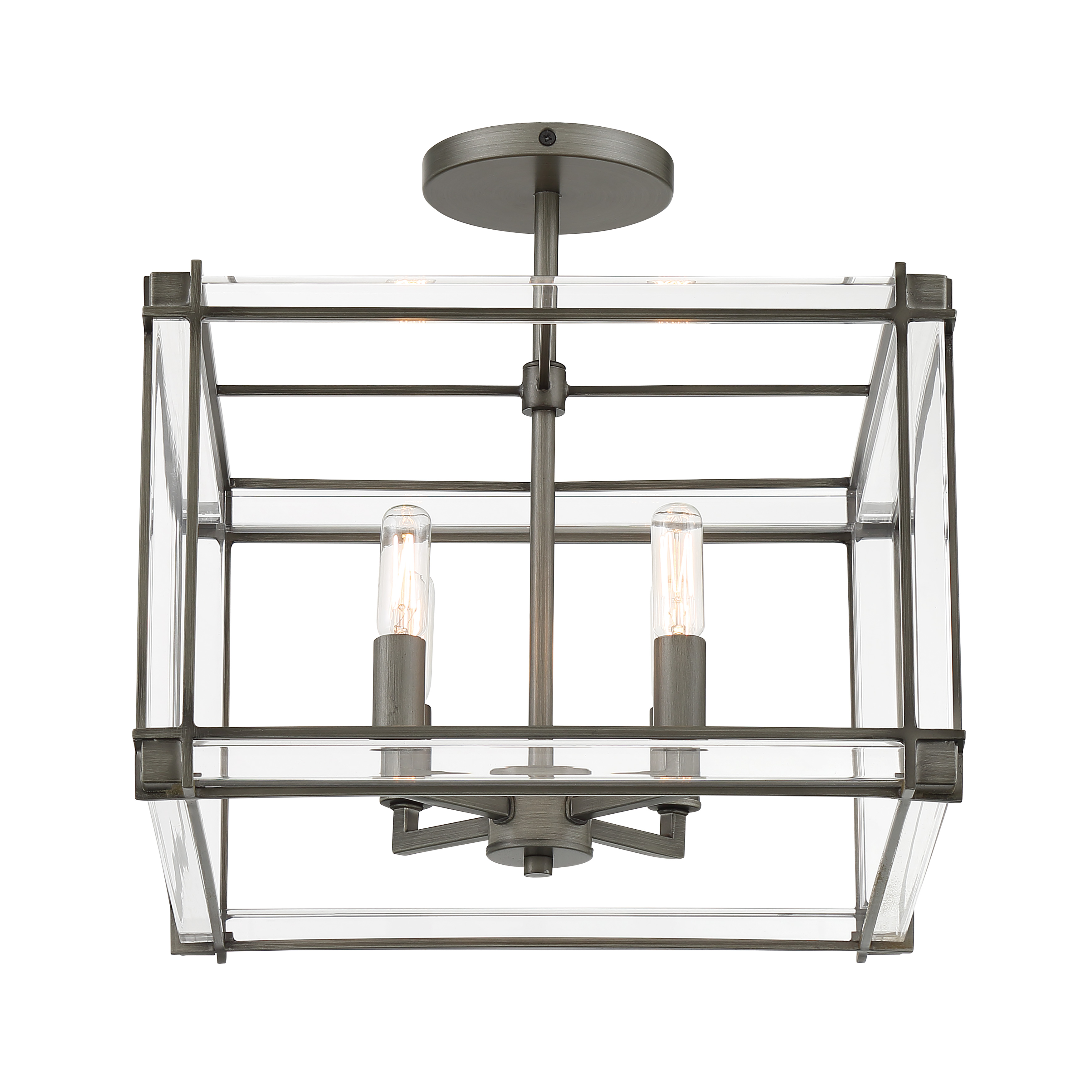The Langen Square brings contemporary elegance to low-ceiling spaces with its geometric design and antique nickel finish. Four candelabra bulbs provide ample illumination through clear acrylic panels, creating a refined look perfect for modern interiors. - alternate view