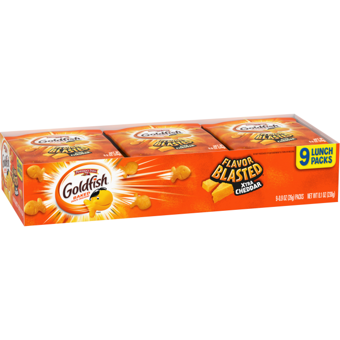 Goldfish® Xtra Cheddar, 9 count box, 0.9 oz, bag - Left Angle Image