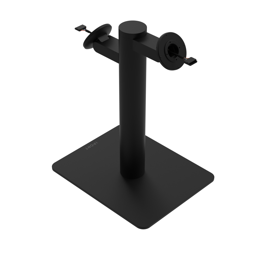CONNECT MOUNT Pillar Dual iPads on a Baseplate in black fifteen inches high with a CONNECT MOUNT head and Hirose H10 Connection.