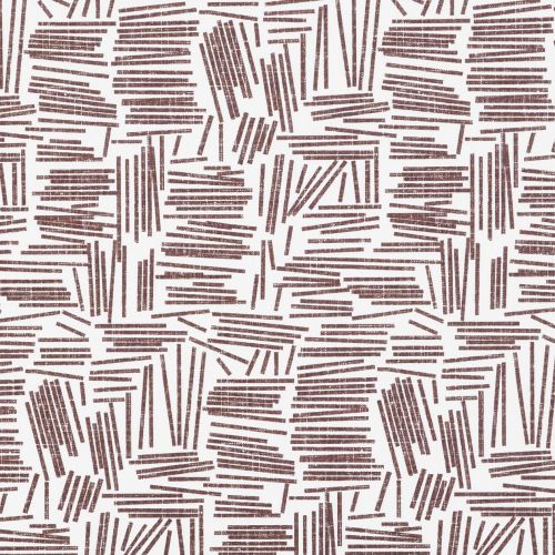 Wallpaper featuring distressed brown short linear strokes grouped into irregular stacked rectangles repeating across the surface on a white background, flat and evenly lit, modern geometric design.