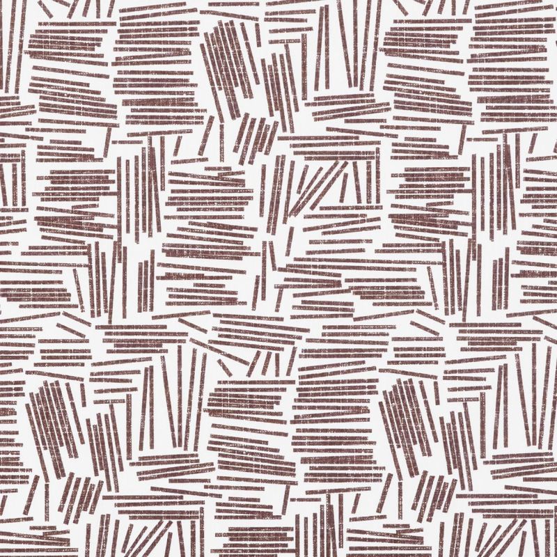 Wallpaper featuring distressed brown short linear strokes grouped into irregular stacked rectangles repeating across the surface on a white background, flat and evenly lit, modern geometric design.