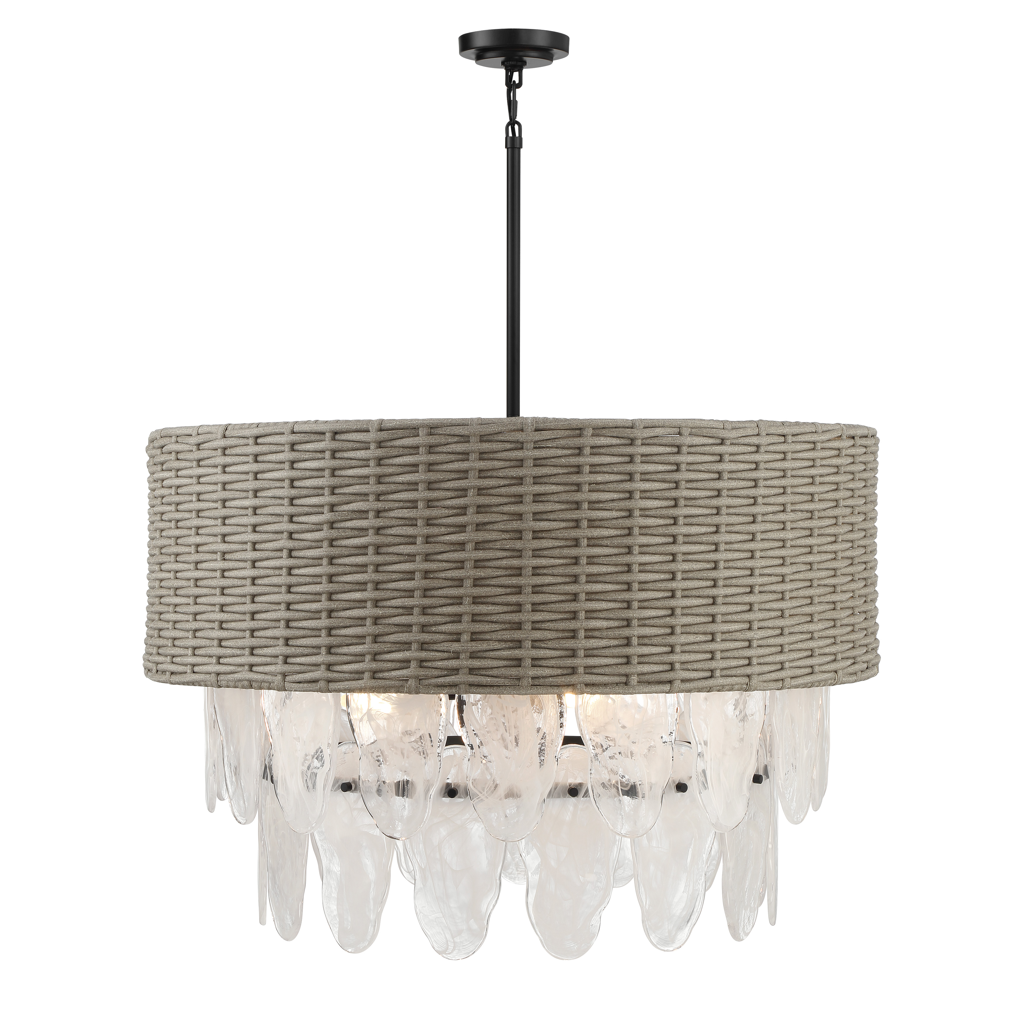 The Breakers Isle pendant brings coastal elegance with its handwoven rattan shade and coal black finish. Nine candelabra bulbs provide ample illumination while white swirl glass diffuses light beautifully. Perfect for creating a relaxed yet sophisticated ambiance. - alternate view