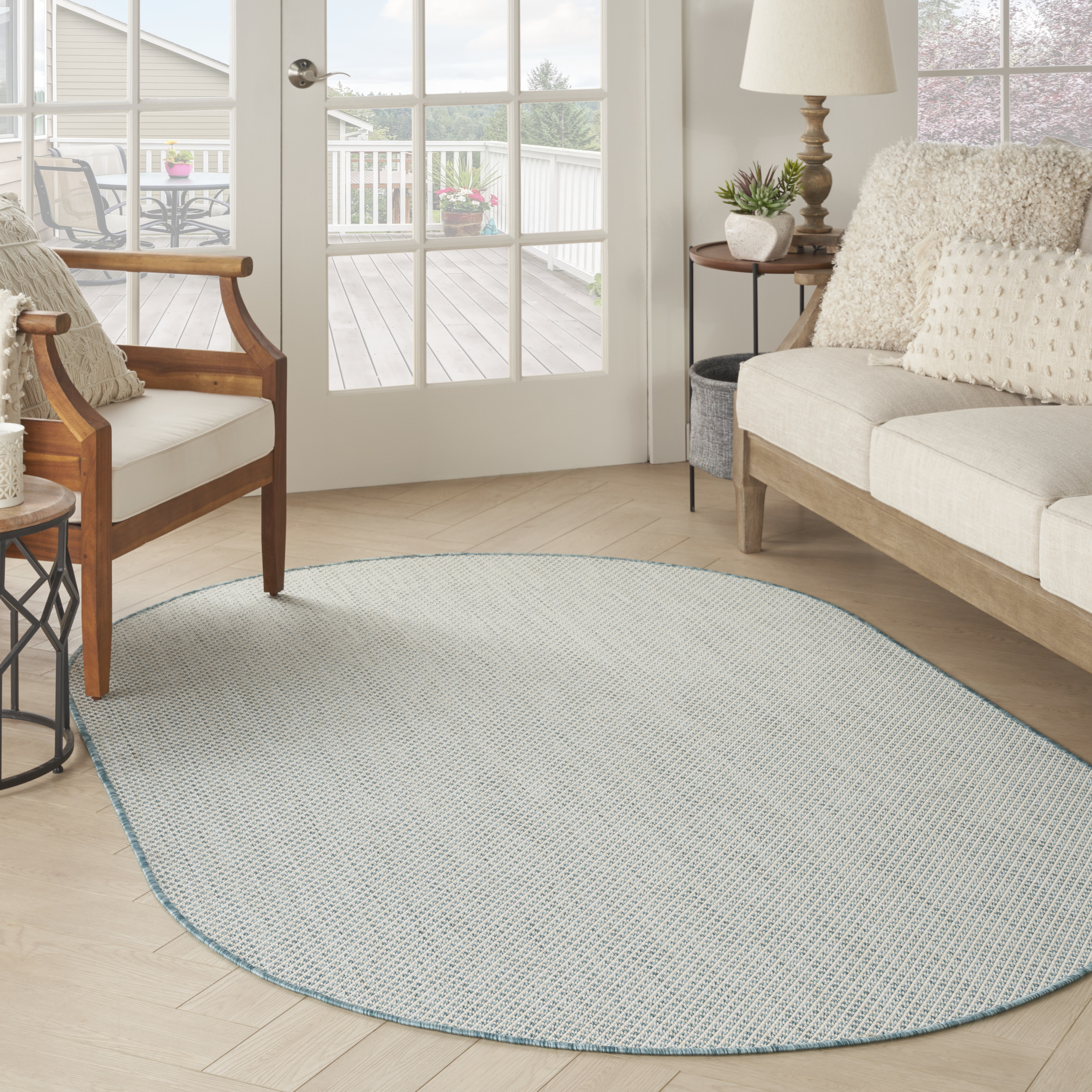 Nourison Courtyard 5' x 8' Oval Ivory Aqua Modern Rug