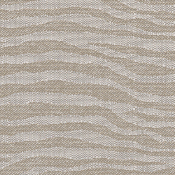 Woven beige fabric shows undulating horizontal tan stripes; darker and lighter yarns create irregular wavy bands across a close-up, textured textile surface resembling a subtle zebra-like pattern.