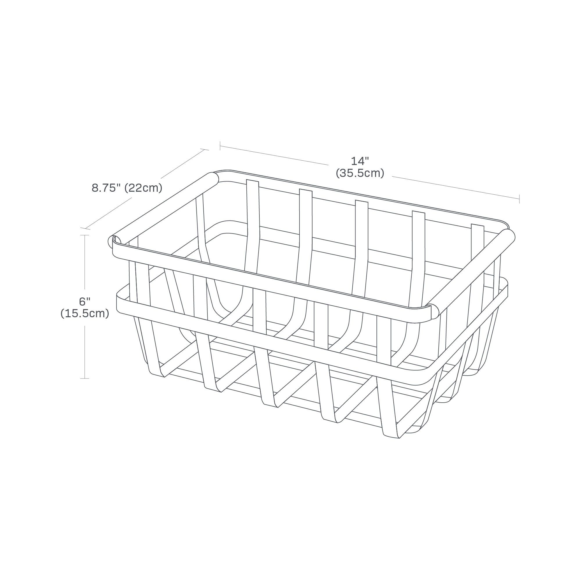 Dimension image for Storage Basket showing height of 6 inches, length of 8.75 inches, width of 14 inches