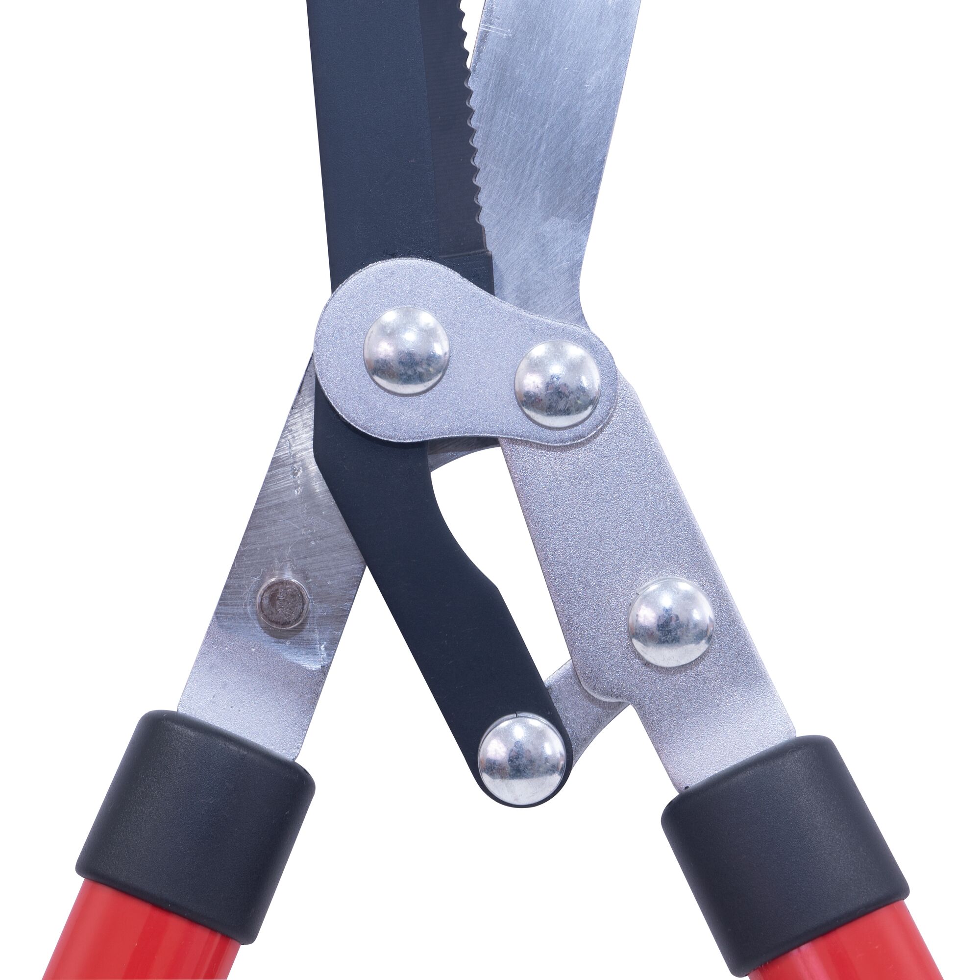 Close up of hedge shears with compound action blade.