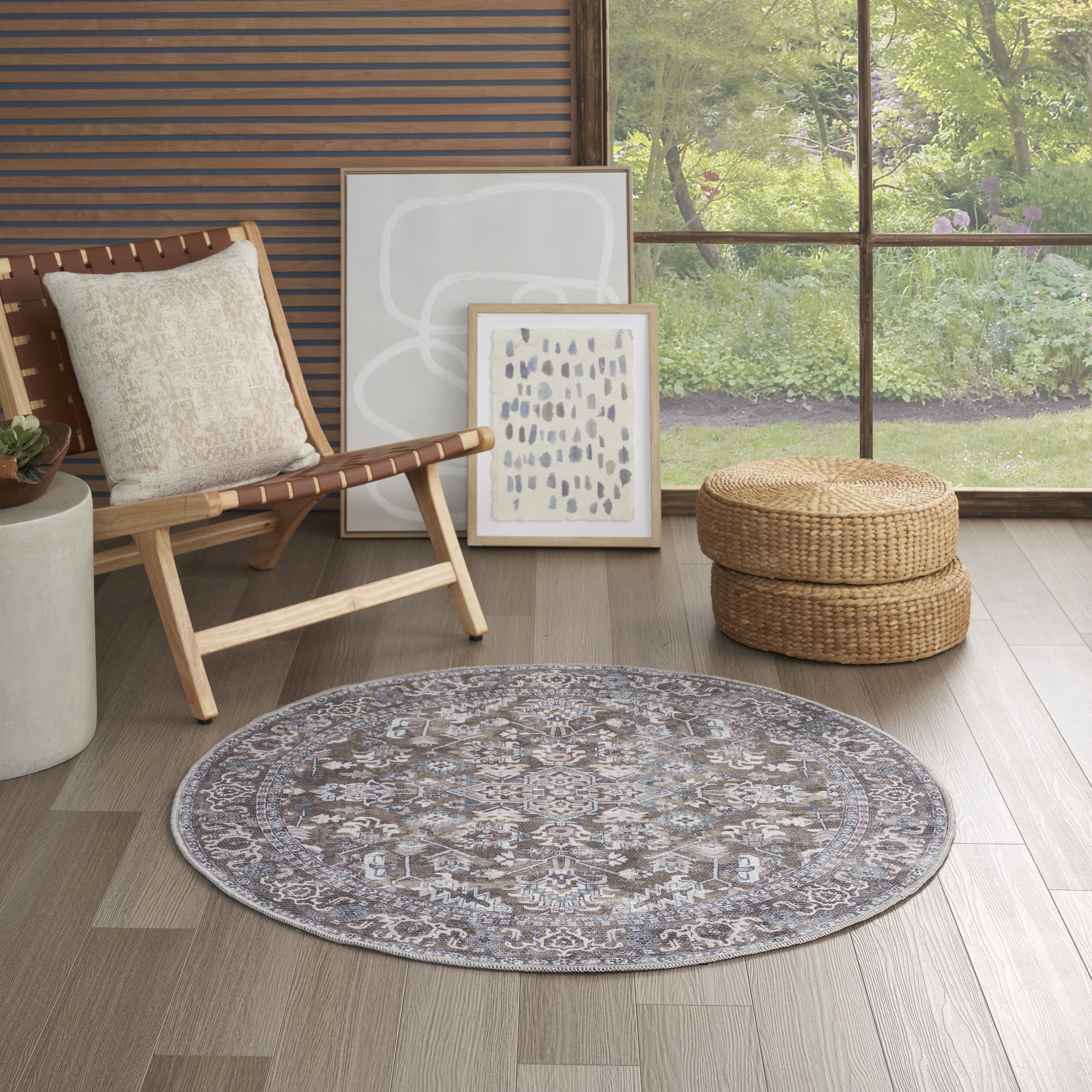 Nourison New Concept Washables 4' x Round Olive Ivory Vintage Indoor Rug