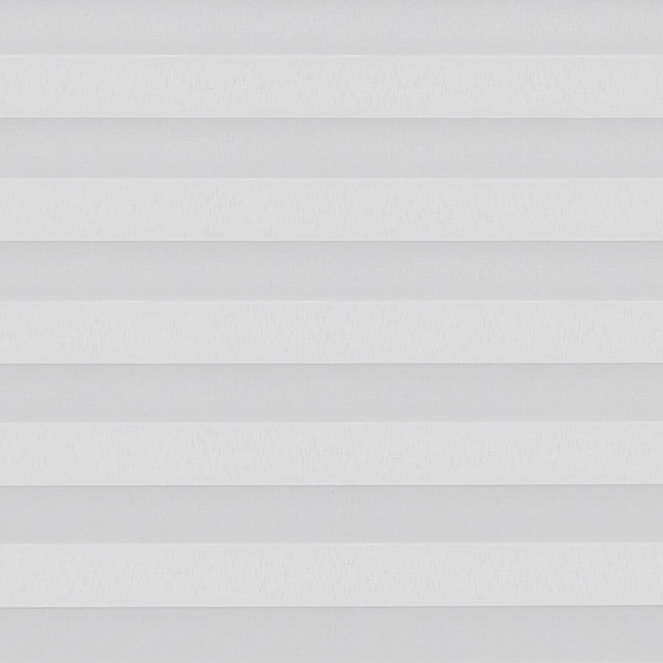 White horizontal pleated shades covering the window; fully lowered and closed, softly diffusing light; minimal interior view, neutral ambient lighting and no visible frame or outdoor scene.