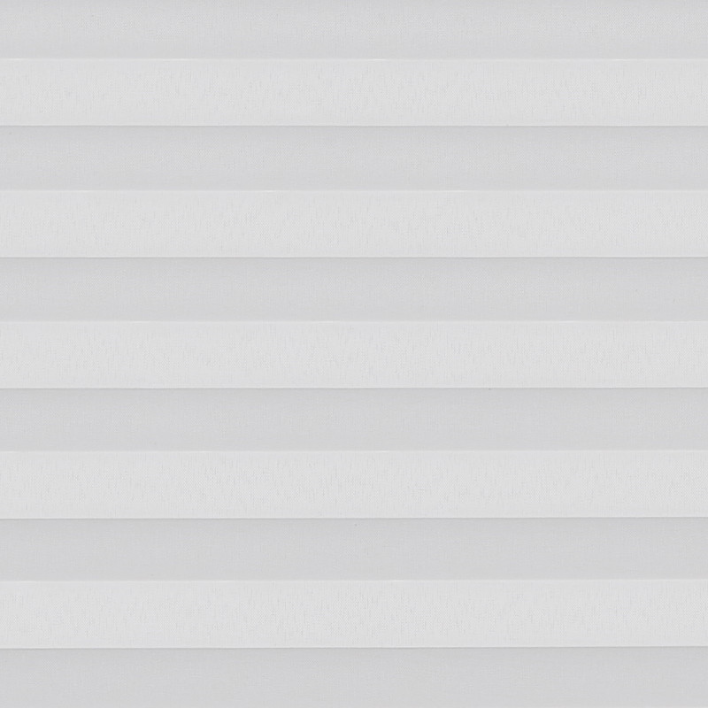 White horizontal pleated shades covering the window; fully lowered and closed, softly diffusing light; minimal interior view, neutral ambient lighting and no visible frame or outdoor scene.