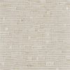 Woven grasscloth fabric with horizontal slubs and small rectangular knots, forming a textured, opaque surface; close-up textile sample in neutral beige under soft, even lighting.