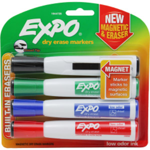 Magnetic Dry Erase Markers with Eraser, Chisel Tip, Assorted, 4-Count