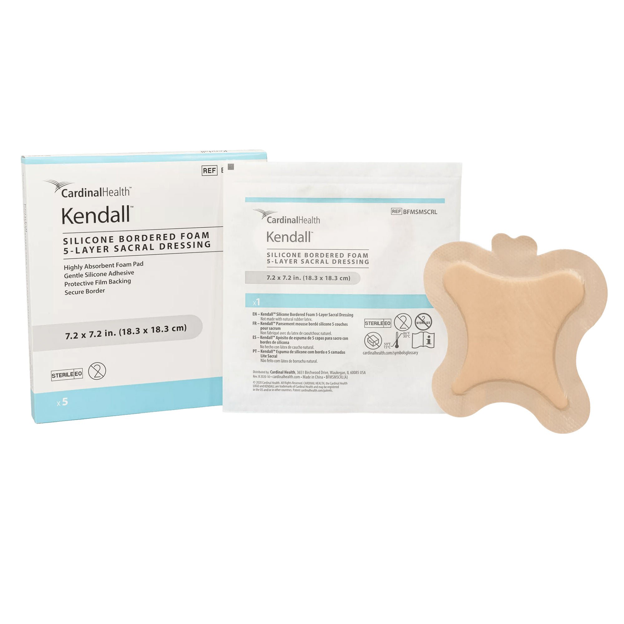 5-Layer Foam Dressing Kendall™ 7.2 X 7.2 Inch With Border Film Backing Silicone Adhesive Sacral Sterile