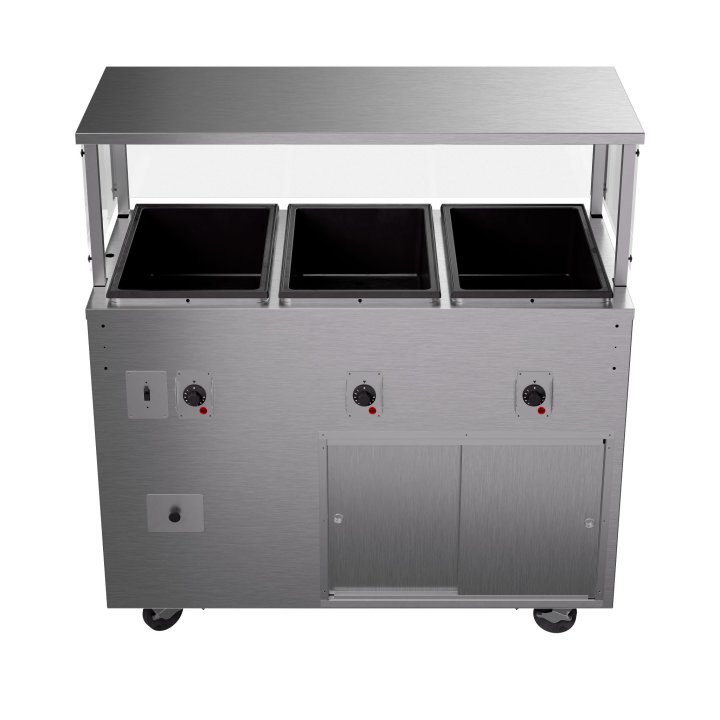 46-inch 120-volt three-well 2-Series deluxe hot-food station with black solid base and cafeteria-style breath guard