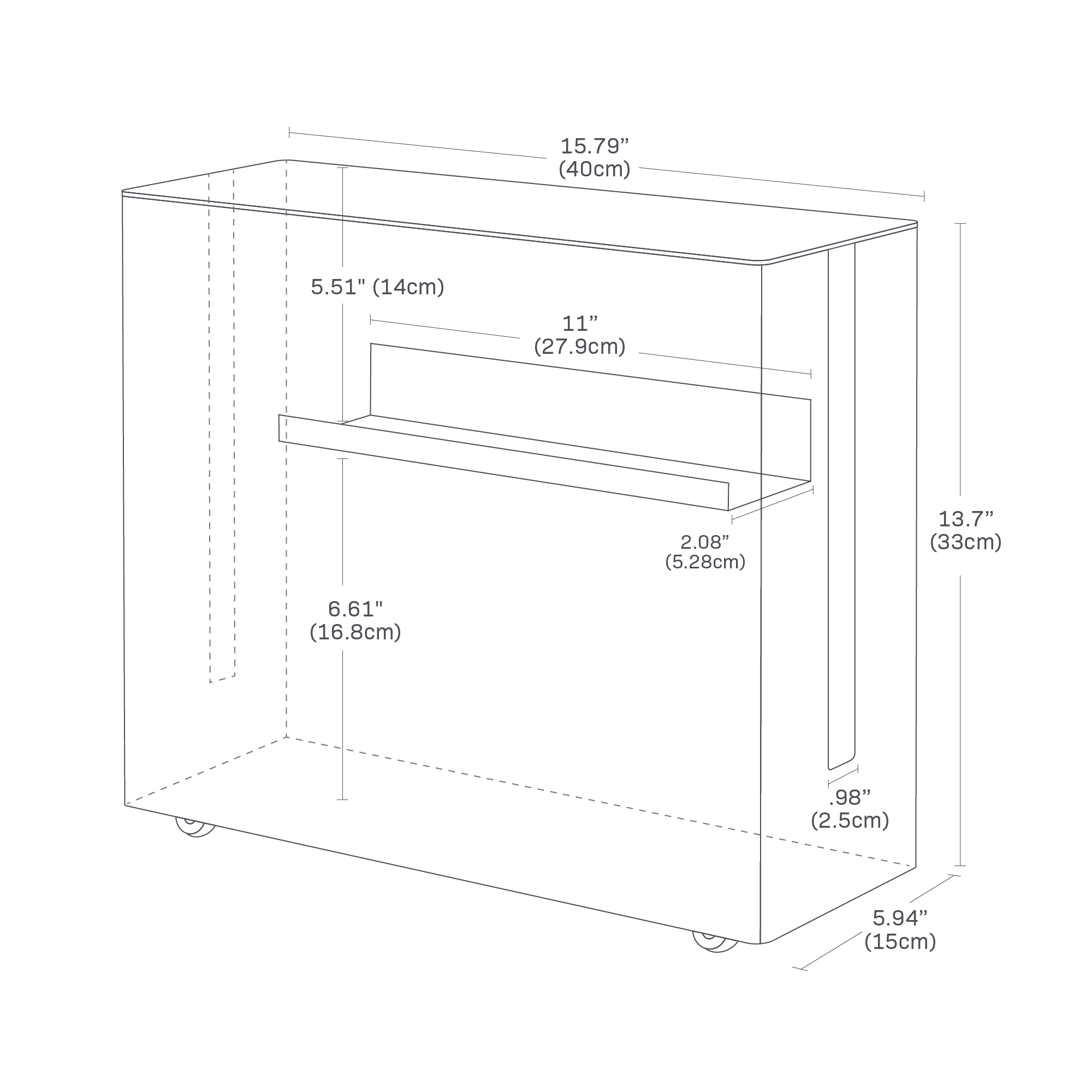 Dimension image for Rolling Cable Management Box showing a total length of 15.79 inches, width of 5.94 inches, and height of 13.7 inches. Inner shelf is 11 inches by 2.08 inches. Shelf is spaced from bottom at 6.61 inches and 5.51 inches to top. Wire opening is 0.98 inches.