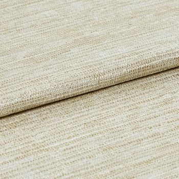 Beige woven fabric with looped, ribbed texture, folded across the frame; lying in a close-up studio view under soft, even lighting, emphasizing the textile's weave and subtle sheen.
