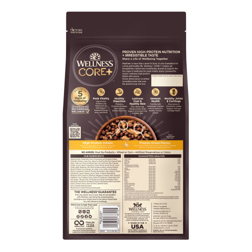 Wellness CORE+ Grain Free Deboned Chicken & Turkey with Freeze Dried Turkey Recipe back packaging