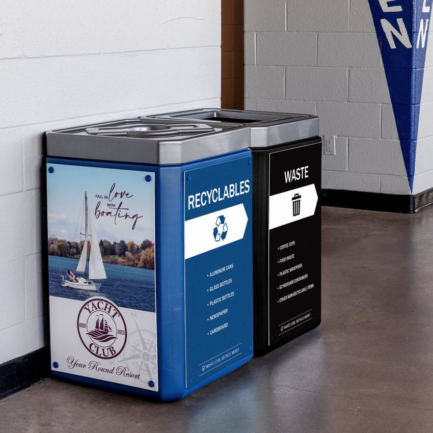 double recyclables and waste large capacity plastic containers inside a hockey arena also including body signs for collection and advertising