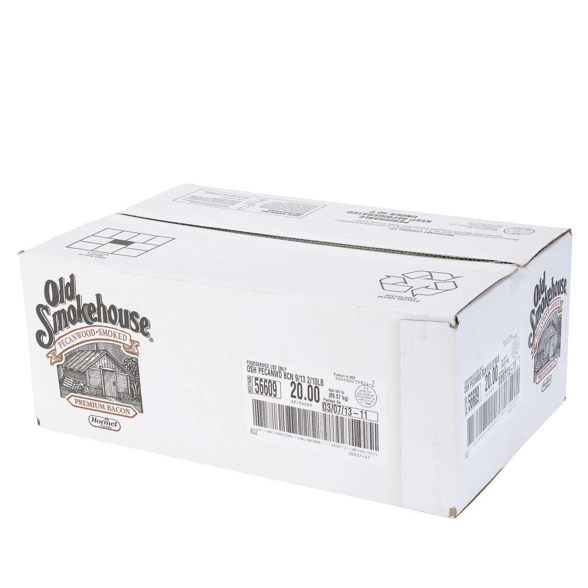 OLD SMOKEHOUSE(r) Bacon, Pecanwood Smoked, 9/13 slice, 2/10lb. . C1RA - Front Right Closed Case (Hi Res)