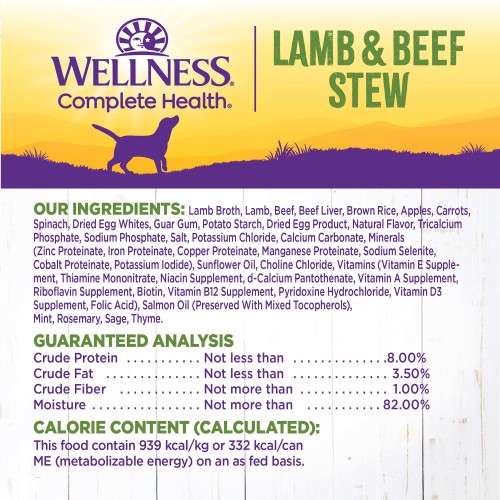 <p>Lamb Broth, Lamb, Beef, Beef Liver, Brown Rice, Apples, Carrots, Spinach, Dried Egg Product, Natural Flavor, Guar Gum, Potato Starch, Sodium Phosphate, Salt, Potassium Chloride, Sunflower Oil, Calcium Carbonate, Minerals (Zinc Proteinate, Iron Proteinate, Copper Proteinate, Manganese Proteinate, Sodium Selenite, Cobalt Proteinate, Potassium Iodide), Choline Chloride, Vitamins (Vitamin E Supplement, Thiamine Mononitrate, Niacin Supplement, d-Calcium Pantothenate, Vitamin A Supplement, Riboflavin Supplement, Biotin, Vitamin B12 Supplement, Pyridoxine Hydrochloride, Vitamin D3 Supplement, Folic Acid), Tricalcium Phosphate, Salmon Oil (Preserved With Mixed Tocopherols), Mint, Rosemary, Sage, Thyme.</p>
