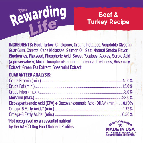 <p>Beef, Turkey, Chickpeas, Ground Potatoes, Vegetable Glycerin, Guar Gum, Carrots, Cane Molasses, Salmon Oil, Salt, Natural Smoke Flavor, Blueberries, Flaxseed, Phosphoric Acid, Sweet Potatoes, Apples, Sorbic Acid (a preservative), Mixed Tocopherols added to preserve freshness, Rosemary Extract, Green Tea Extract, Spearmint Extract.</p>
