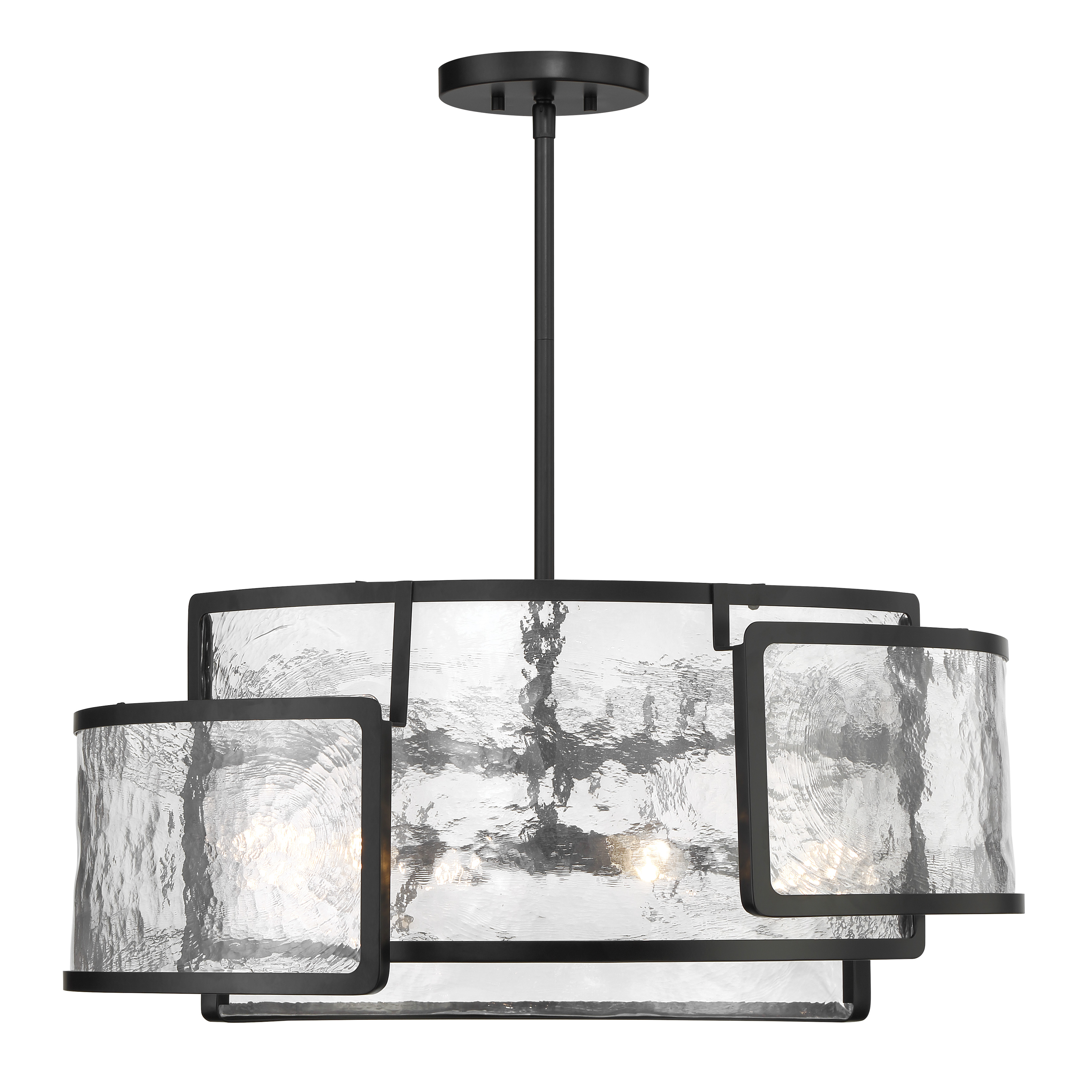 The Bella Collina 6-Light Pendant combines rugged industrial style with refined craftsmanship. Its Coal Black steel frame and distinctive rock-pressed glass shades create dramatic visual interest while providing ample illumination for dining and gathering spaces. - alternate view