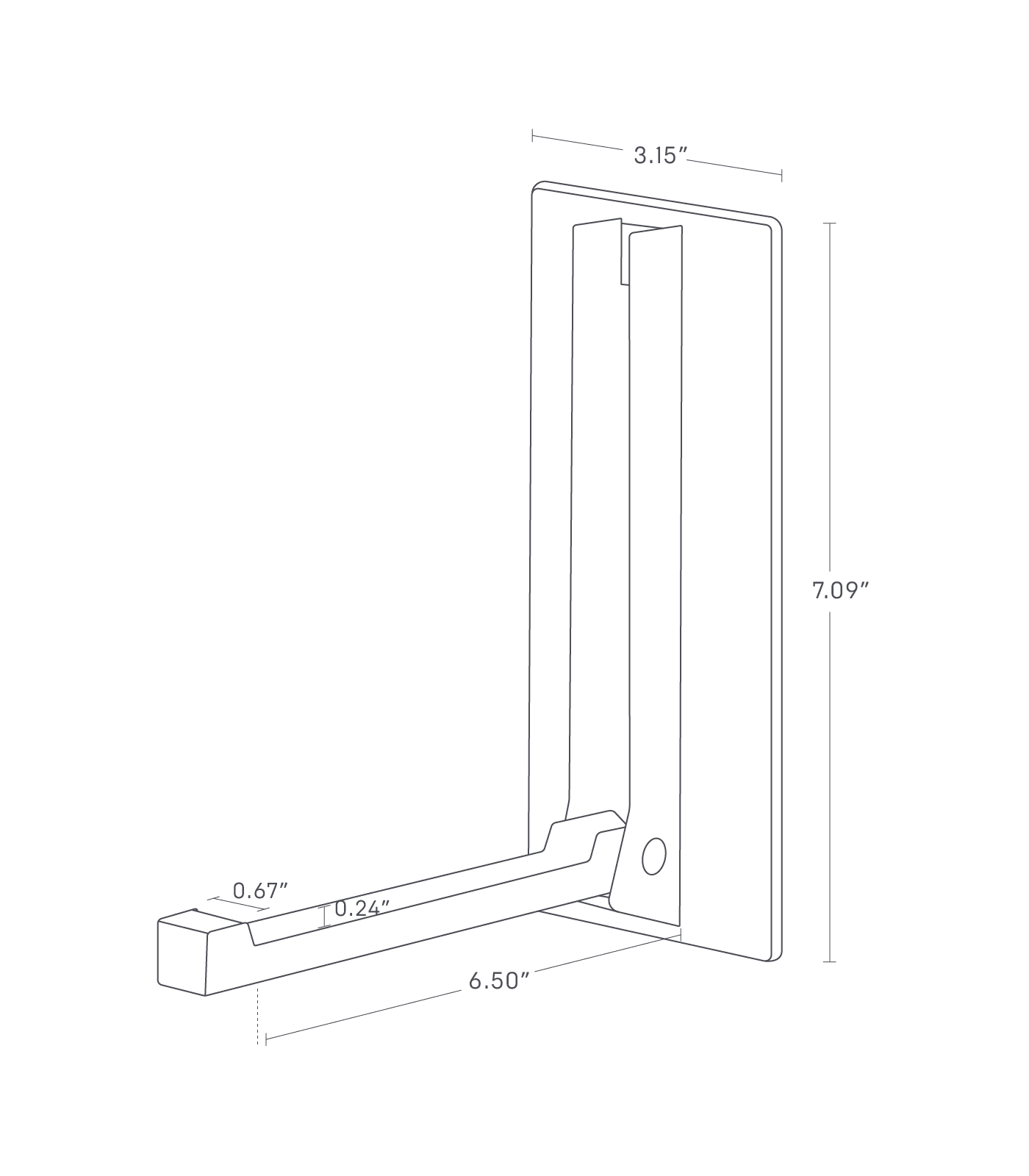 Dimension Image for Magnetic Folding Hook on a white background showing height of 7.09", width of 3.15", length of 6.5", hook width of .67", and internal hook gap of .24".