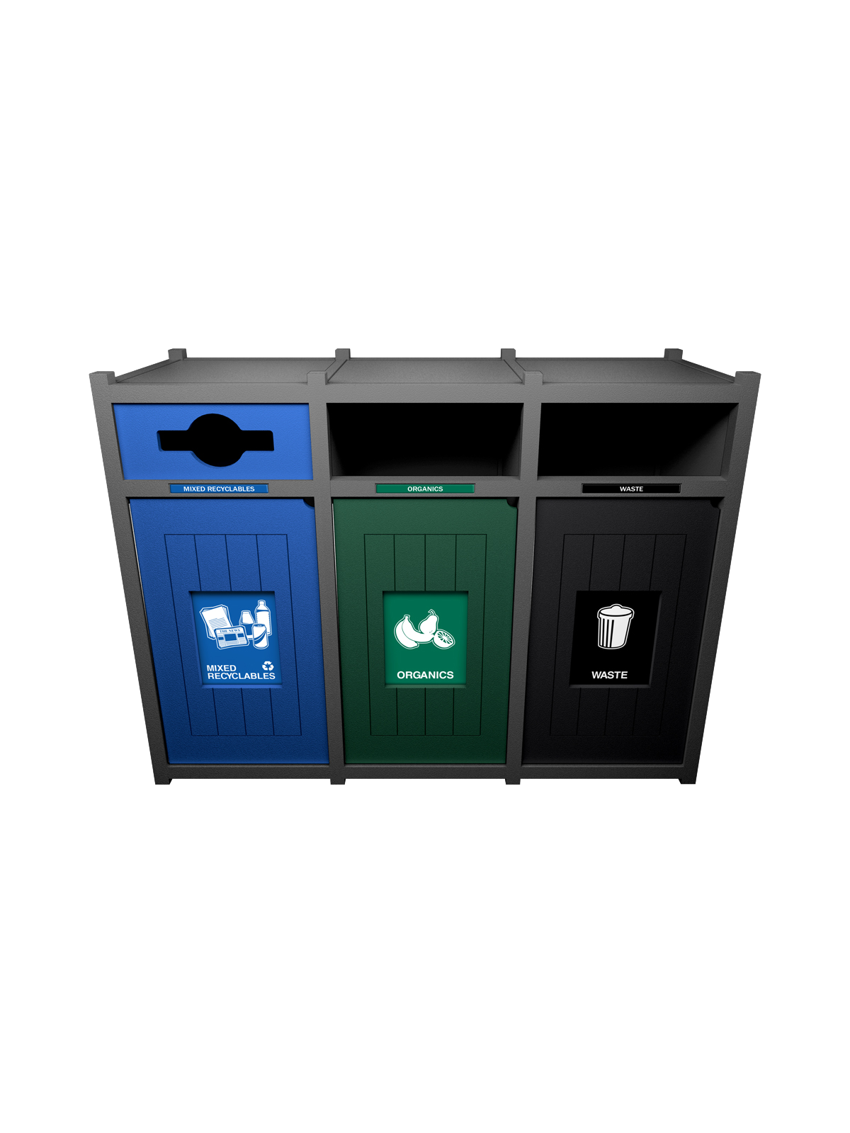 VISION – Triple – Unit – Mixed Recyclables-Organics-Waste – Mixed-Full-Full – Grey-Blue-Green-Black