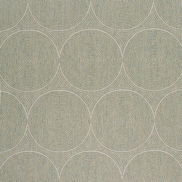 Textured wallpaper with overlapping concentric circular mosaic patterns in muted beige, green, and gray, repeating across and covering the entire surface, on a flat interior wall under soft, even light.