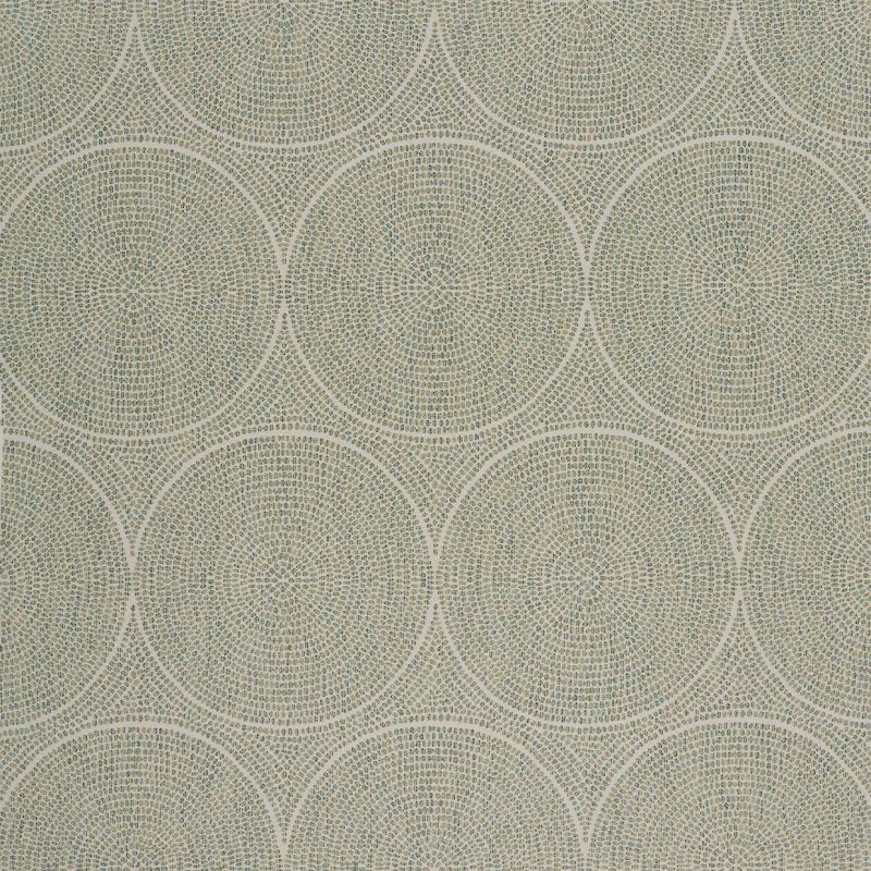 Textured wallpaper with overlapping concentric circular mosaic patterns in muted beige, green, and gray, repeating across and covering the entire surface, on a flat interior wall under soft, even light.