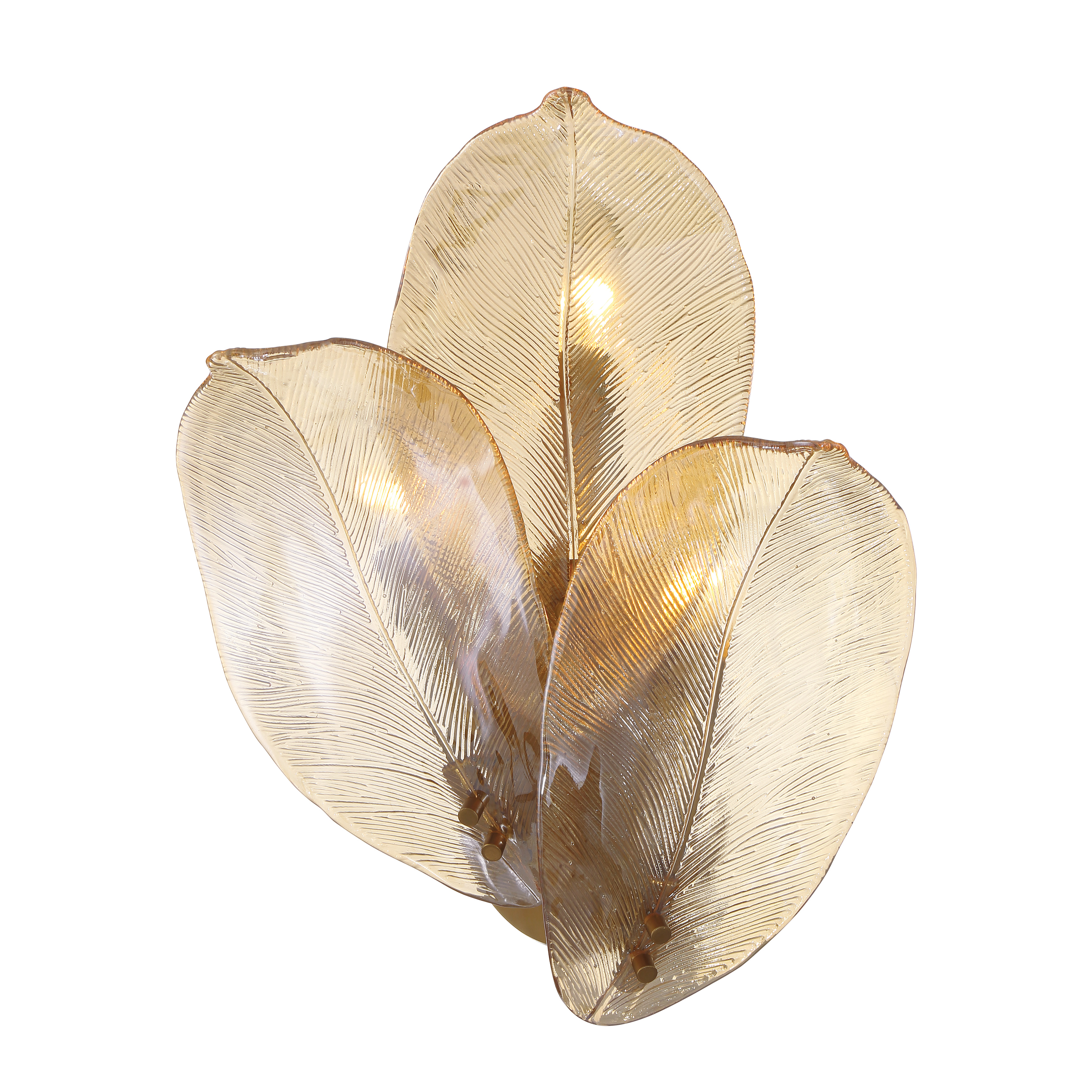 The Orchid wall sconce combines classic brass craftsmanship with handmade amber glass for a sophisticated, warm glow. Its 18-inch height and three-light design make it ideal for flanking mirrors, artwork, or creating ambient lighting. - alternate view
