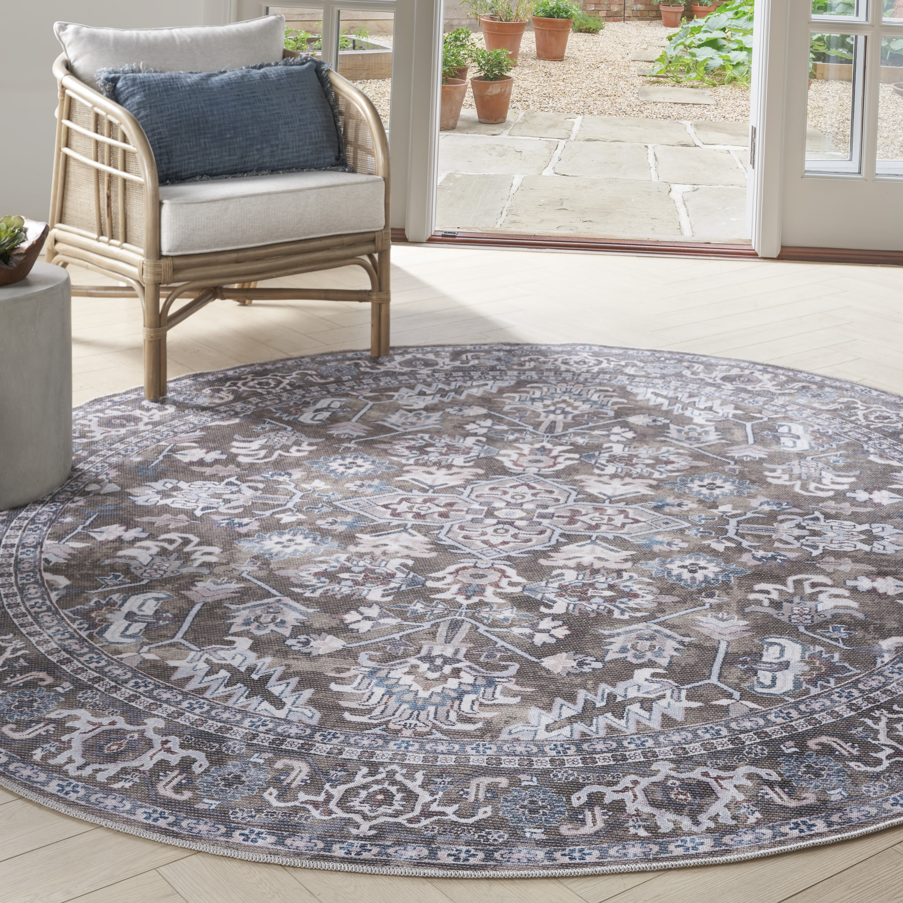 Nourison New Concept Washables 7'10" x Round Olive Ivory Vintage Indoor Rug