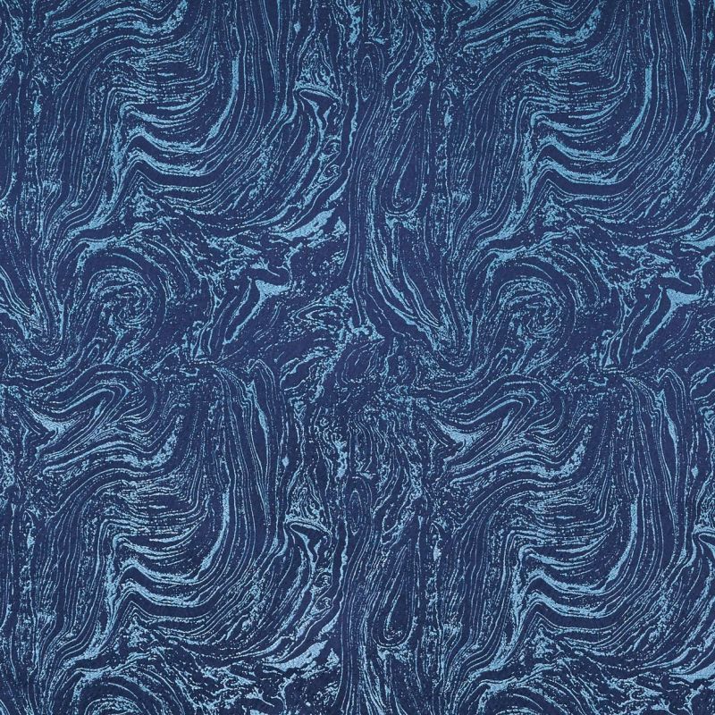 Navy-blue marbled wallpaper with light-blue swirling veins, repeating pattern covering the surface, creating textured, organic waves; flat, evenly lit close-up view.