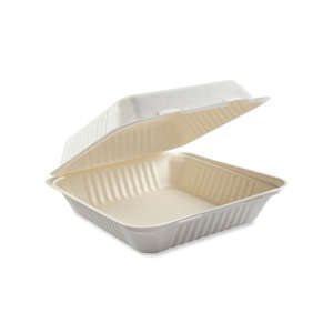 Boardwalk, Bagasse Food Containers, Hinged-Lid, 1-Compartment 9 x 9 x 3.19, White, Sugarcane
