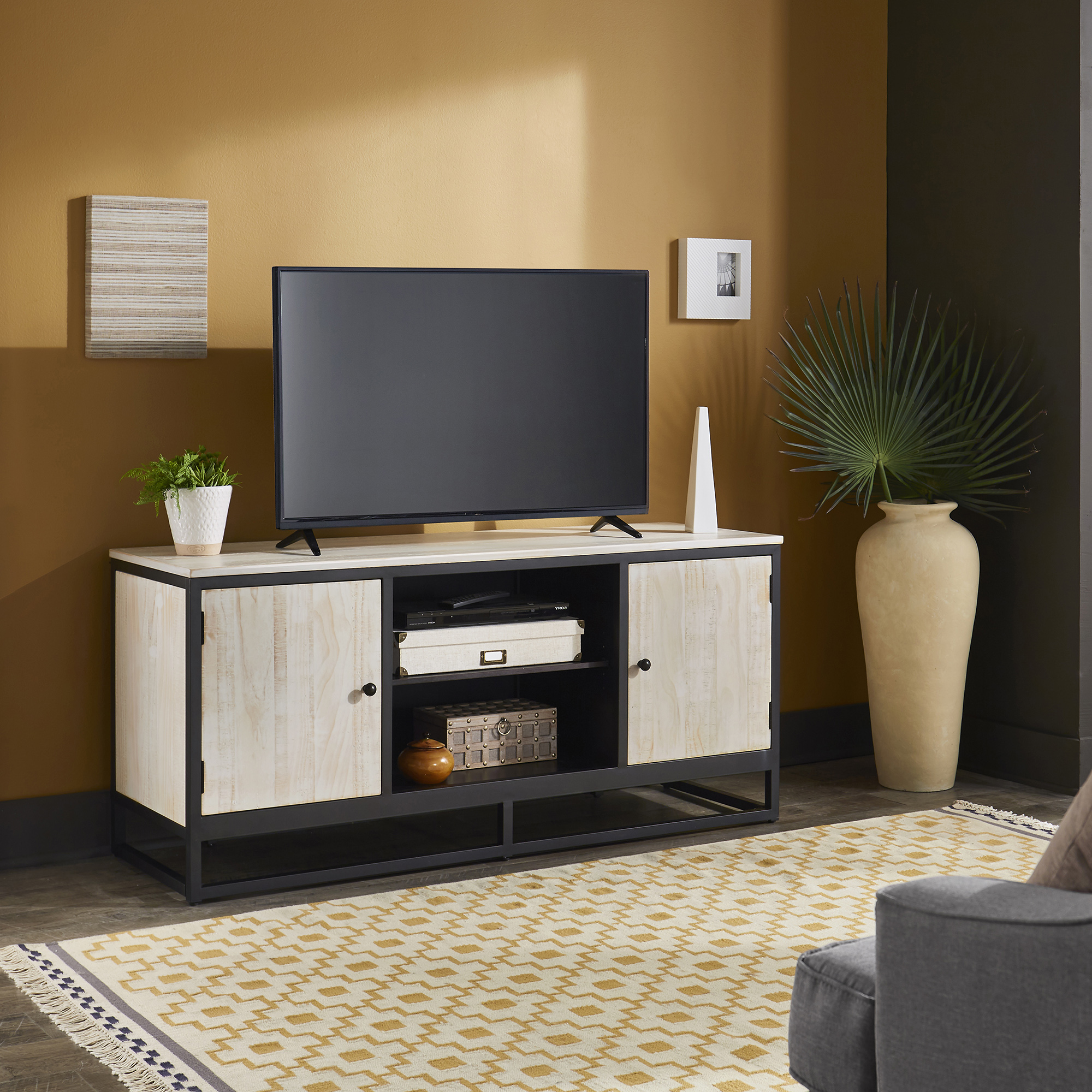 Distressed Finish Black Metal 58-inch TV Stand