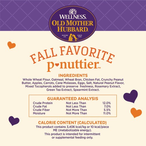 <p>Whole Wheat Flour, Oatmeal, Wheat Bran, Chicken Fat, Crunchy Peanut Butter, Apples, Carrots, Cane Molasses, Eggs, Salt, Natural Peanut Flavor, Mixed Tocopherols added to preserve freshness, Rosemary Extract, Green Tea Extract, Spearmint Extract.</p>
