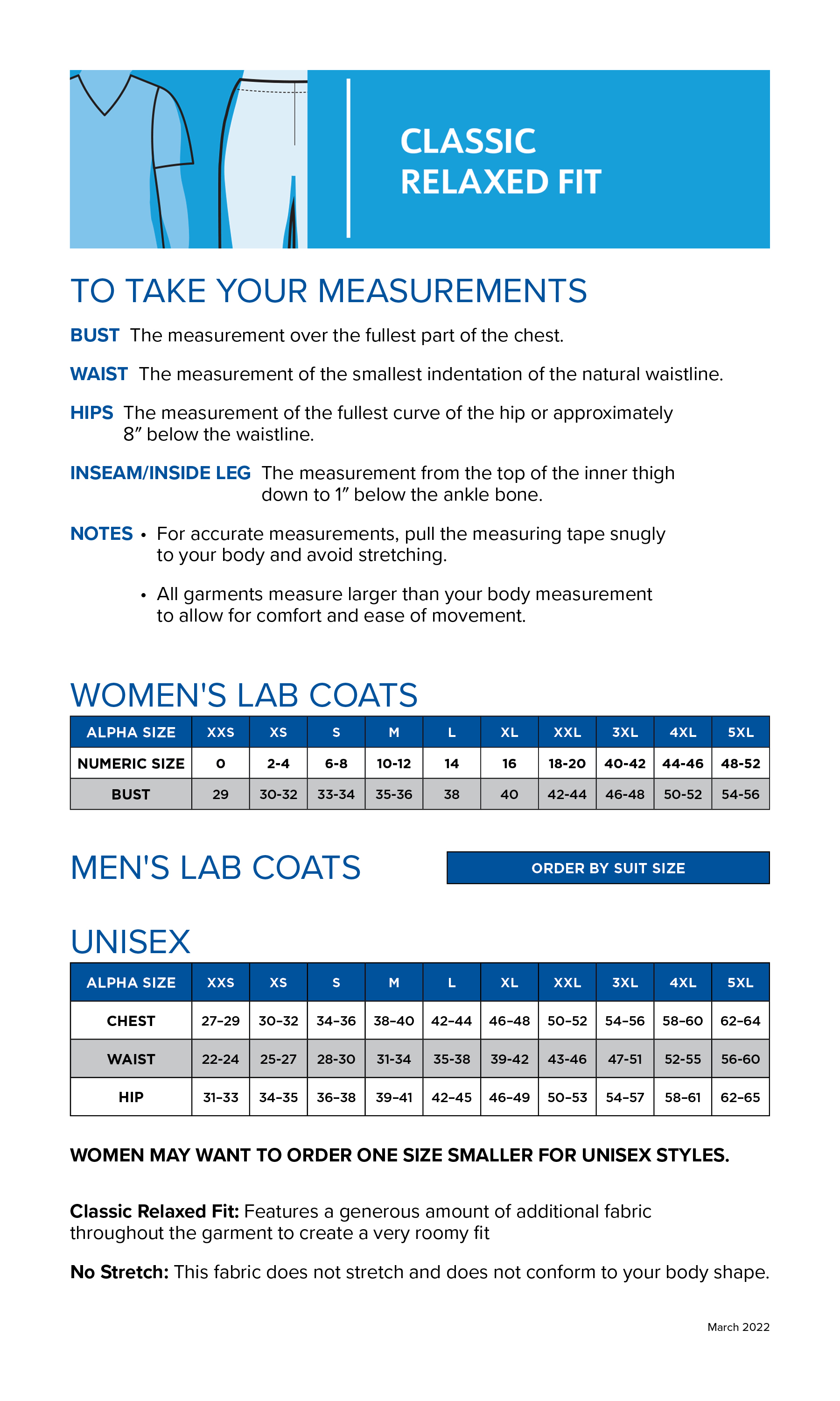 Size chart for Men's 5 Pocket Essential Lab Coats Full-Length Lab Coat