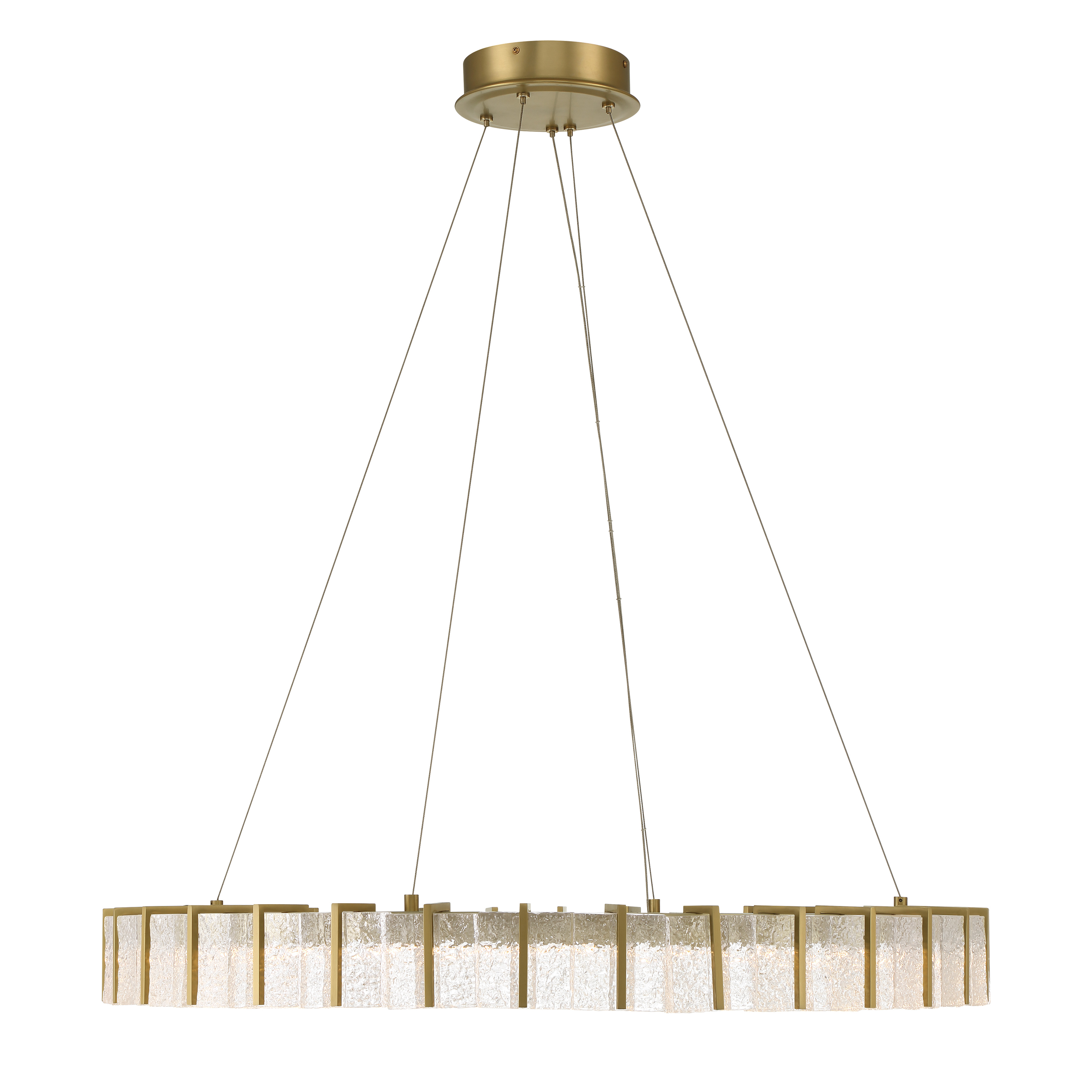 The Sevryn LED Pendant combines contemporary elegance with functional brilliance. Its 36-inch linear design features cast clear textured crystal glass set in soft brass, delivering 3240 lumens of dimmable LED light with exceptional 90 CRI color rendering. - alternate view