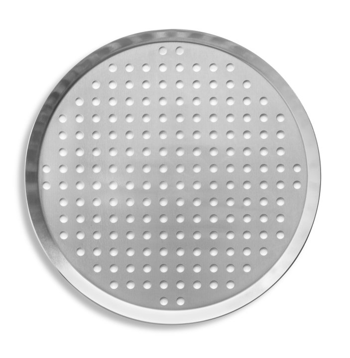 13-inch perforated press-cut pizza pan in natural finish