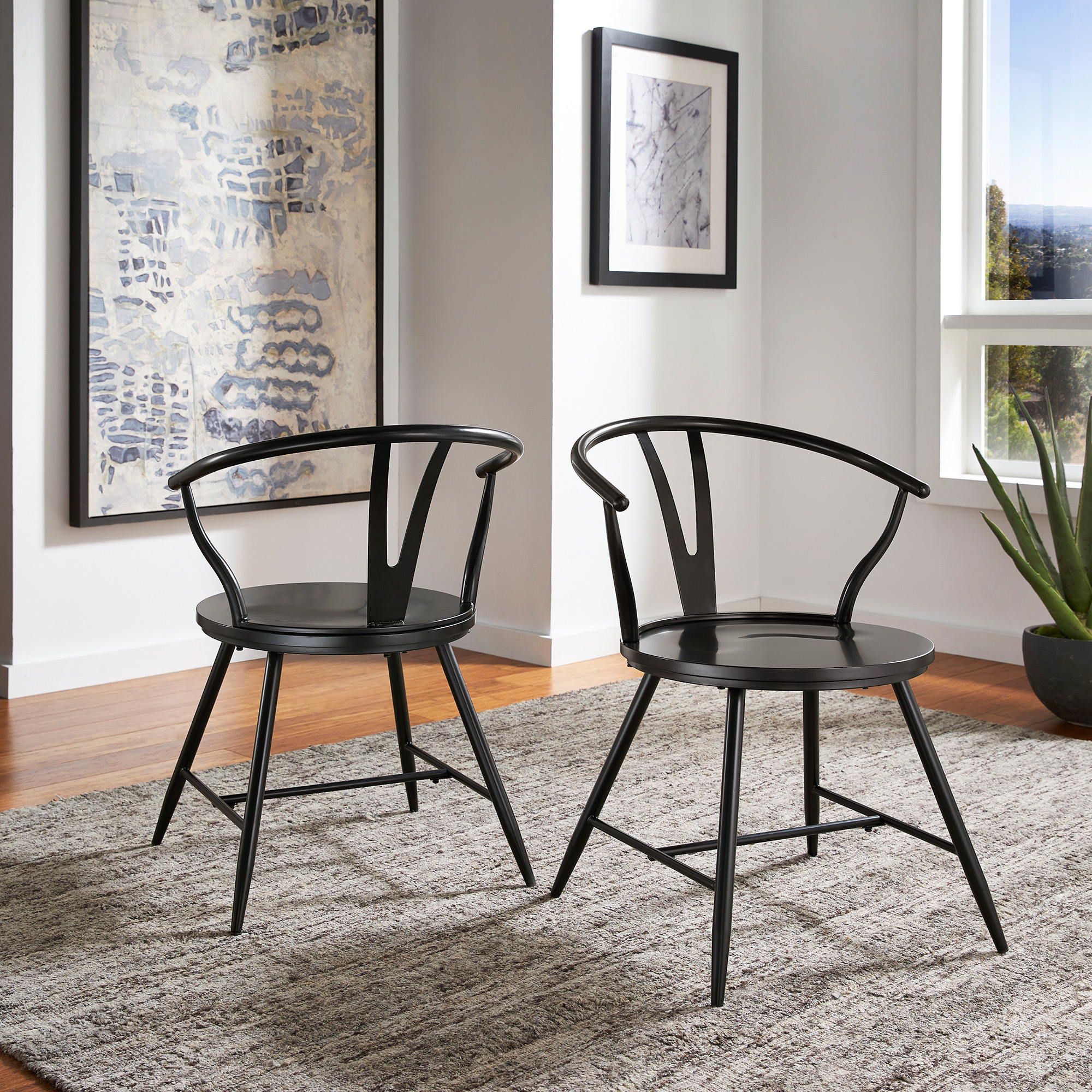 Wishbone Back Metal Side Chair with Wood Seat (Set of 2)